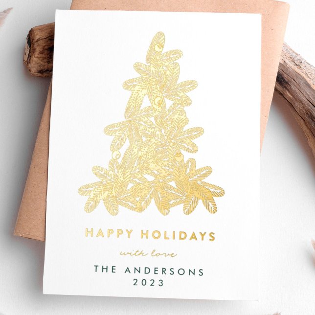 Gold Merry Christmas Pine Christmas Tree Happy Foil Holiday Card (Creator Uploaded)