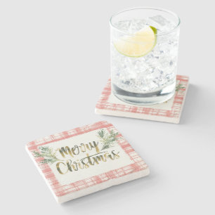 Gold Merry Christmas Plaid Coaster