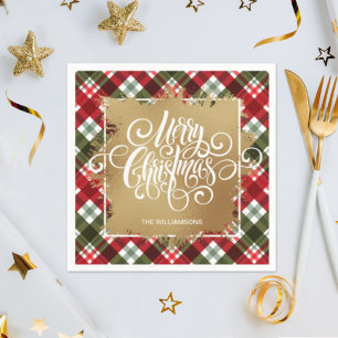 Gold Merry Christmas Plaid Napkin