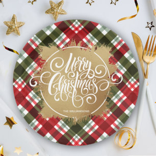 Gold Merry Christmas Plaid Paper Plate
