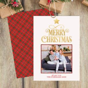 Gold Merry Christmas Plaid Photo Greeting Card
