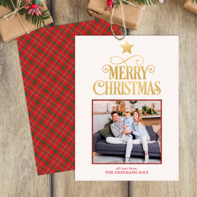 Gold Merry Christmas Plaid Photo Greeting Card (Merry Christmas Photo Greeting Card)