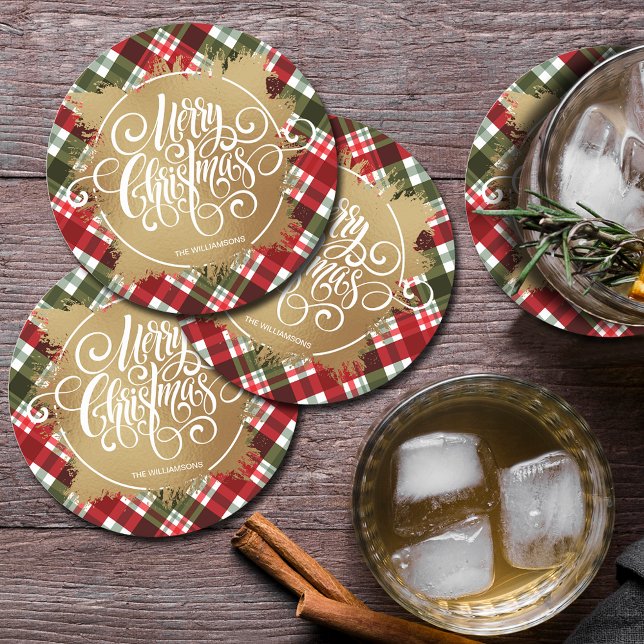 Gold Merry Christmas Plaid Round Paper Coaster (Creator Uploaded)