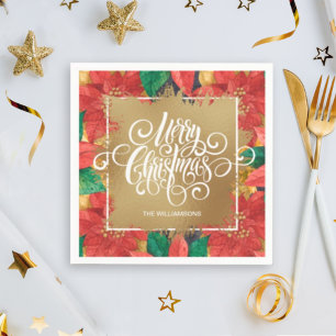 Gold Merry Christmas Poinsettia Napkin