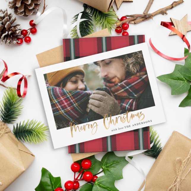 Gold merry christmas red and green plaid photo holiday card (Creator Uploaded)