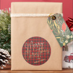 Gold Merry Christmas Red Buffalo Plaid Classic Round Sticker<br><div class="desc">Merry Christmas in a faux gold foil script and your names in chic lettering,  these red and grey buffalo check pattern round stickers are stylish for any Christmas holiday occasion.</div>