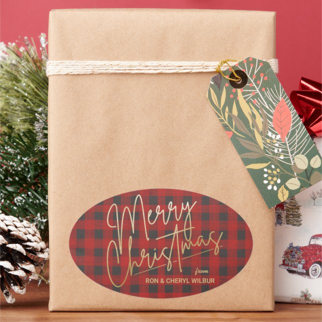 Gold Merry Christmas Red Buffalo Plaid Oval Sticker (Holiday)