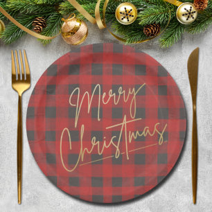 Gold Merry Christmas Red Buffalo Plaid Paper Plate