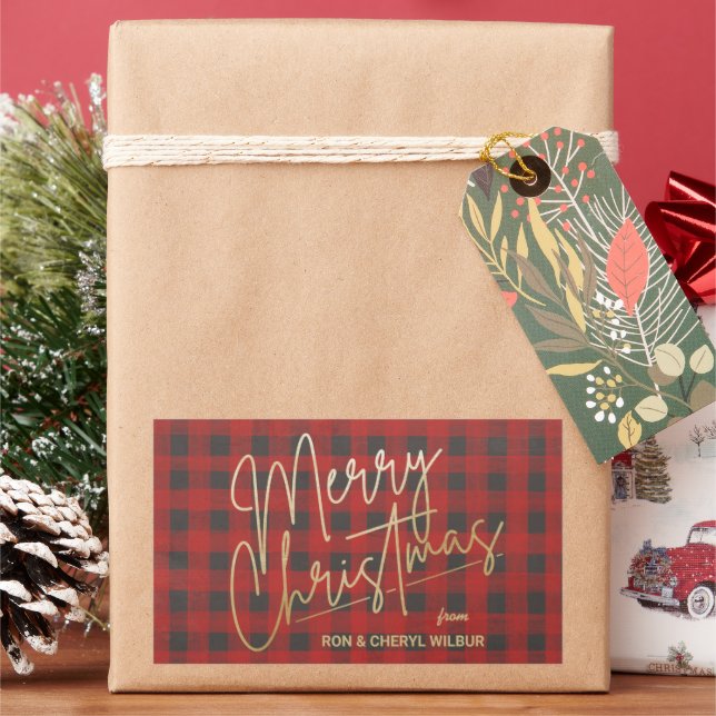 Gold Merry Christmas Red Buffalo Plaid Rectangular Sticker (Holiday)