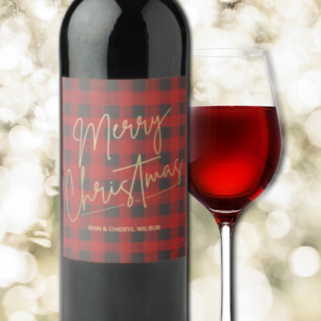 Gold Merry Christmas Red Buffalo Plaid Wine Label (Creator Uploaded)