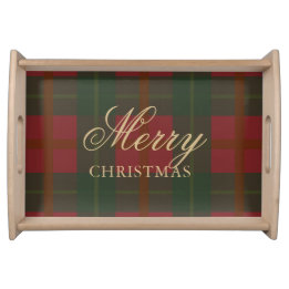 Gold Merry Christmas Red Green Tartan Serving Tray