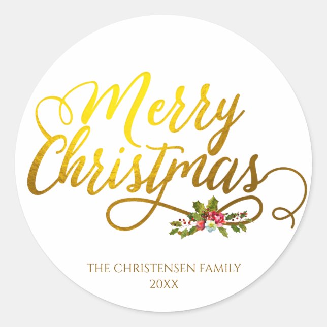 Gold Merry Christmas Red Holly Classic Round Sticker (Front)