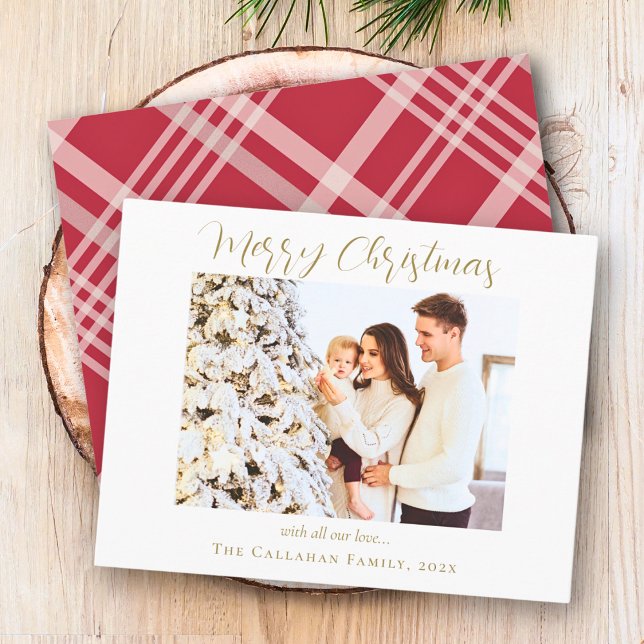 Gold Merry Christmas Red Plaid Photo Holiday Card (Creator Uploaded)