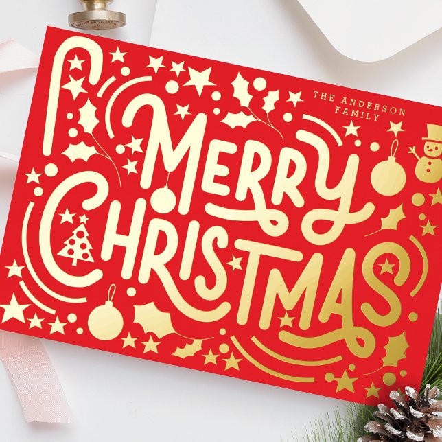 Gold Merry Christmas Scenery Lettering Photo Foil Holiday Card (Creator Uploaded)