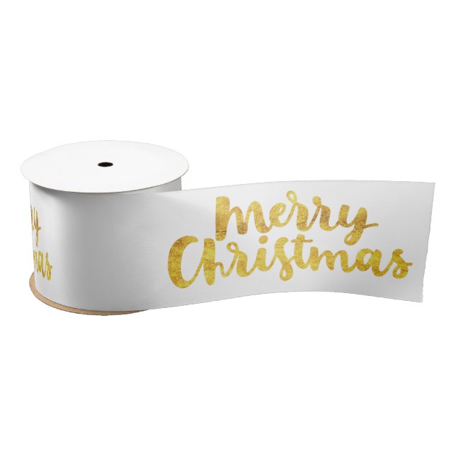 Gold Merry Christmas Script Calligraphy on white Satin Ribbon (Spool)
