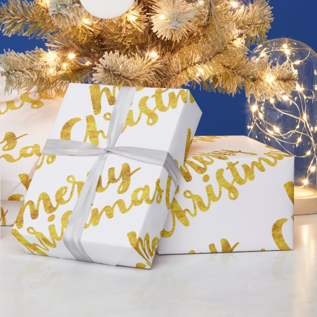 Gold Merry Christmas Script Calligraphy on White Wrapping Paper (Holidays)