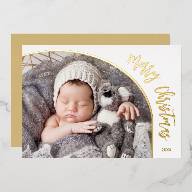 Gold Merry Christmas Script Foil Holiday Card (Front/Back)