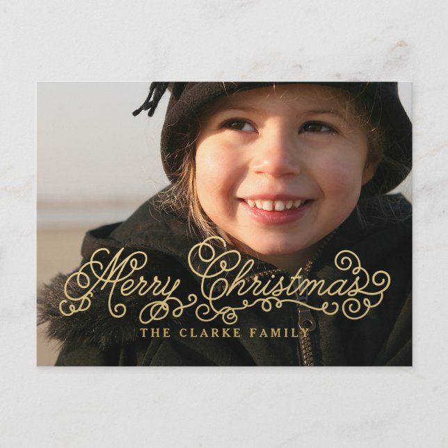 Gold Merry Christmas Script Holiday Photo Postcard (Front)