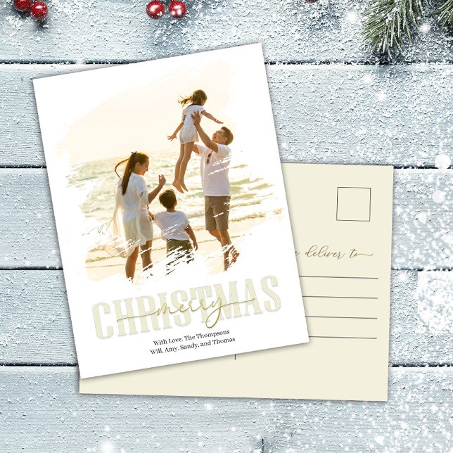 Gold Merry Christmas Script Photo  Holiday Postcard (Merry Christmas Gold Calligraphy Script Photo Postcard.)