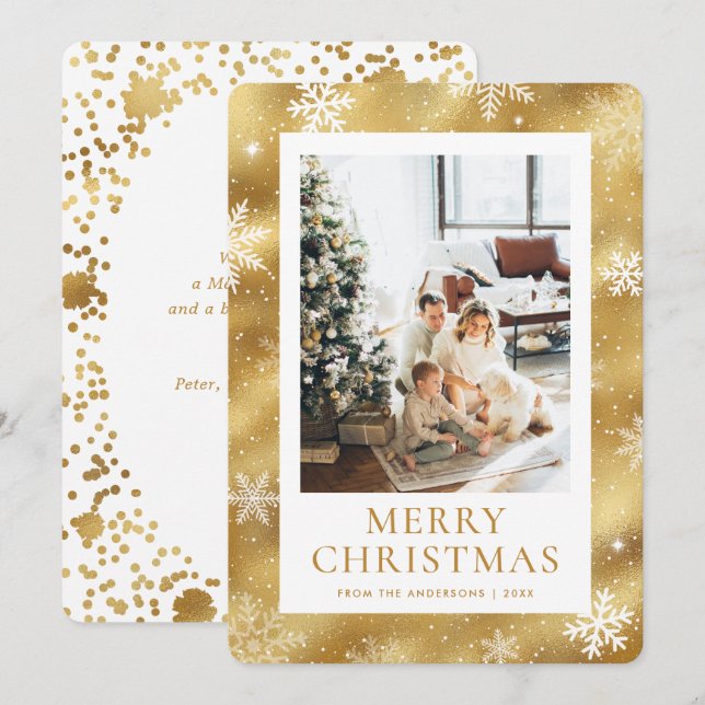 Gold Merry Christmas Snowflake Snow Photo Holiday Card (Front/Back)