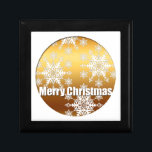 Gold Merry Christmas Snowflakes Gift Box 3<br><div class="desc">Gift box with golden snowflakes and white "Merry Christmas" in relief. You can easily add text (colour,  font,  size and position) by clicking the customise button. Don't forget the whole collection with golden snowflakes.</div>