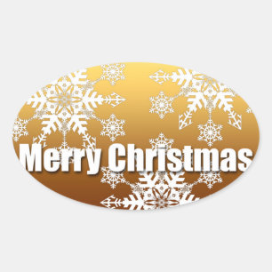 Gold Merry Christmas Snowflakes - Oval Sticker