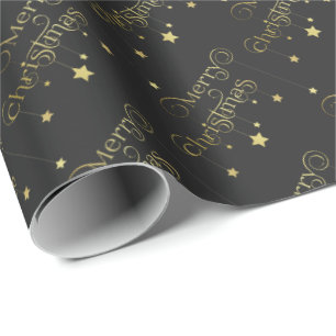 Gold Merry Christmas Stars Wrapping Paper