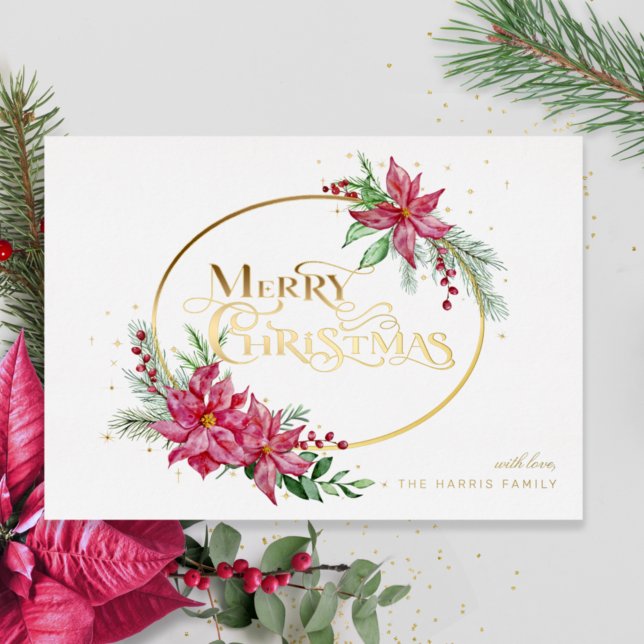 Gold Merry Christmas Text w/Poinsettias and Pine Foil Holiday Card (Creator Uploaded)