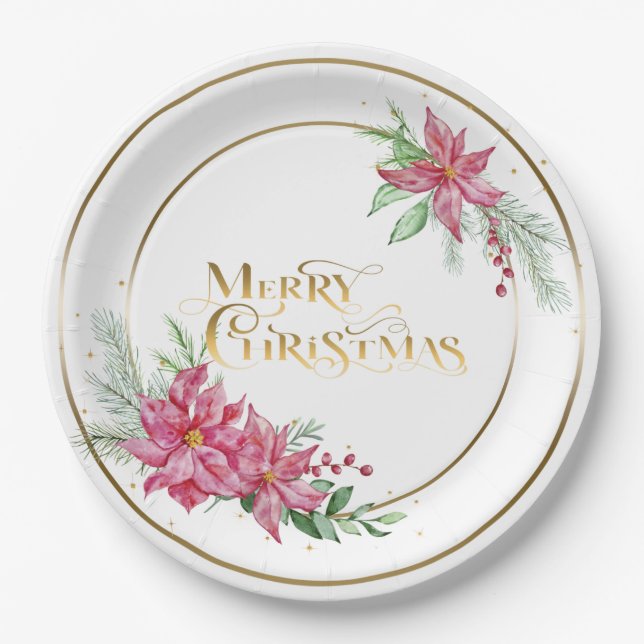 Gold Merry Christmas Text w/Poinsettias and Pine Paper Plate (Front)