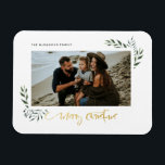 Gold Merry Christmas Three Photo Holiday Magnet<br><div class="desc">Design features Merry Christmas in a gold calligraphy script.  Easily customise with your photo of choice.  Ideal Merry Christmas sentiment for the holiday season.</div>