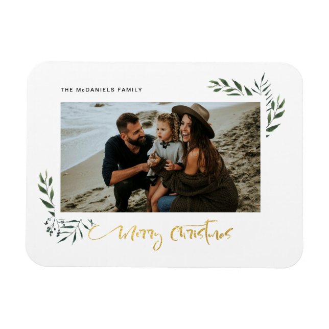 Gold Merry Christmas Three Photo Holiday Magnet (Horizontal)
