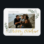 Gold Merry Christmas Three Photo Holiday Magnet<br><div class="desc">Design features Merry Christmas in a gold calligraphy script.  Easily customize with your photo of choice.  Ideal Merry Christmas sentiment for the holiday season.</div>