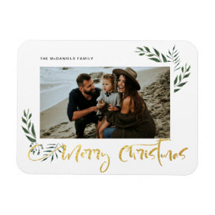 Gold Merry Christmas Three Photo Holiday Magnet