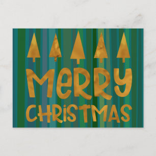 Gold Merry Christmas & Trees w/ Green Stripes Postcard