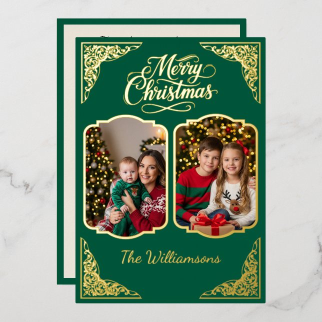 Gold Merry Christmas, two picts, green, Gold Foil Holiday Card (Front/Back)