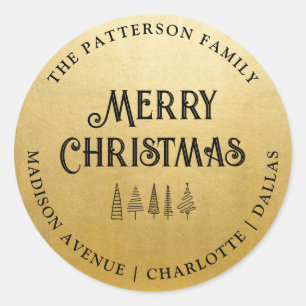 Gold Merry Christmas Typography   Return Address  Classic Round Sticker