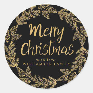 Gold Merry Christmas Wreath Black Envelope Seal