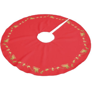 Gold Merry Christmas Xmas santa reindeer sled  Brushed Polyester Tree Skirt