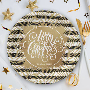 Gold Merry Christms Black White Stripes Paper Plate