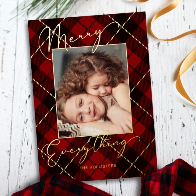 Gold Merry Everything Calligraphy Red Plaid Photo Foil Holiday Card (Creator Uploaded)