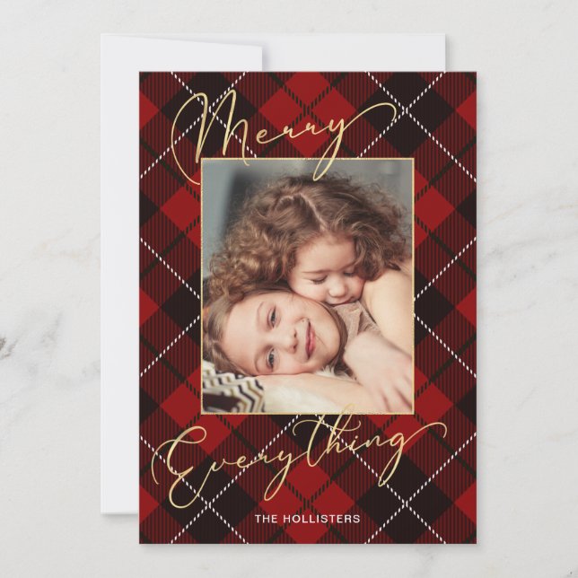 Gold Merry Everything Calligraphy Red Plaid Photo Holiday Card (Front)