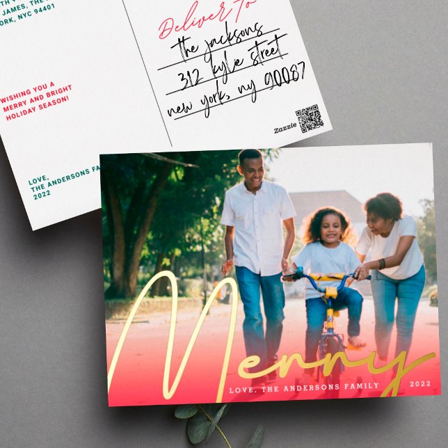 Gold MERRY FUN hand written Red Gradient Photo Foil Holiday Postcard (Creator Uploaded)