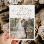 Gold Merry & Married First Christmas Photo Holiday Card<br><div class="desc">Elegant and romantic swirly calligraphy lettering with a photo and optional text on the back. For more advanced customisation of this design,  please click the BLUE DESIGN TOOL BUTTON above!</div>