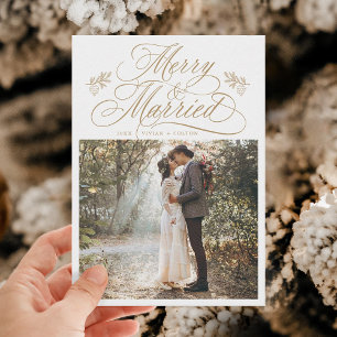 Gold Merry & Married First Christmas Photo Holiday Card