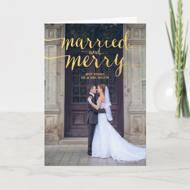 GOLD MERRY & MARRIED | HOLIDAY PHOTO GREETING CARD (Front)