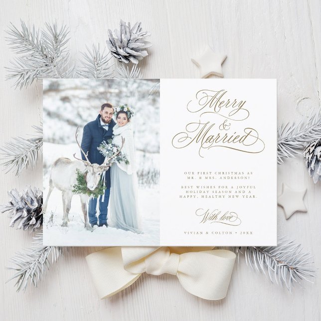 Gold Merry & Married Newly Weds Christmas Photo Holiday Card (Creator Uploaded)