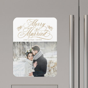 Gold Merry & Married Newly Weds Christmas Photo Magnet