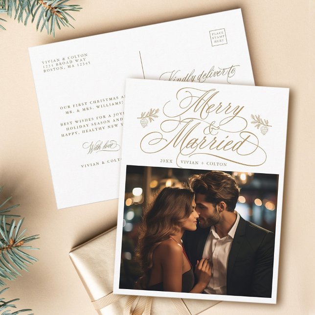 Gold Merry & Married Newly Weds Christmas Photo Postcard (Front & Back)