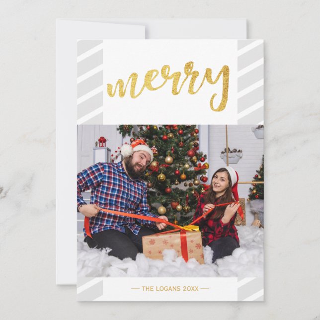 Gold Merry Photo Collage Grey Stripes Christmas Holiday Card (Front)