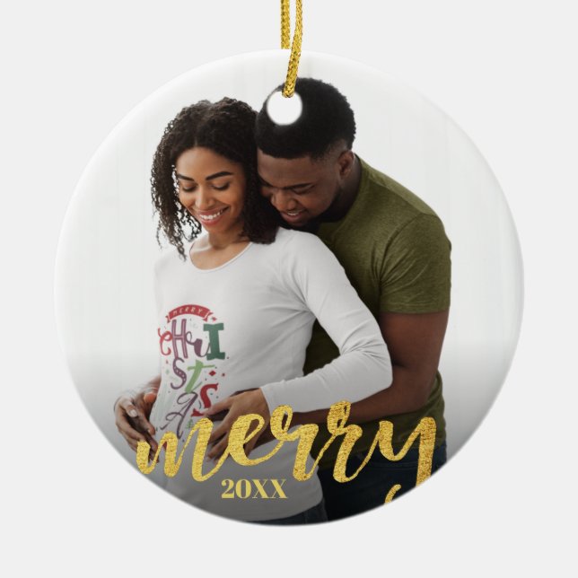 Gold Merry Pregnant Custom Photo Year  Ceramic Ornament (Front)